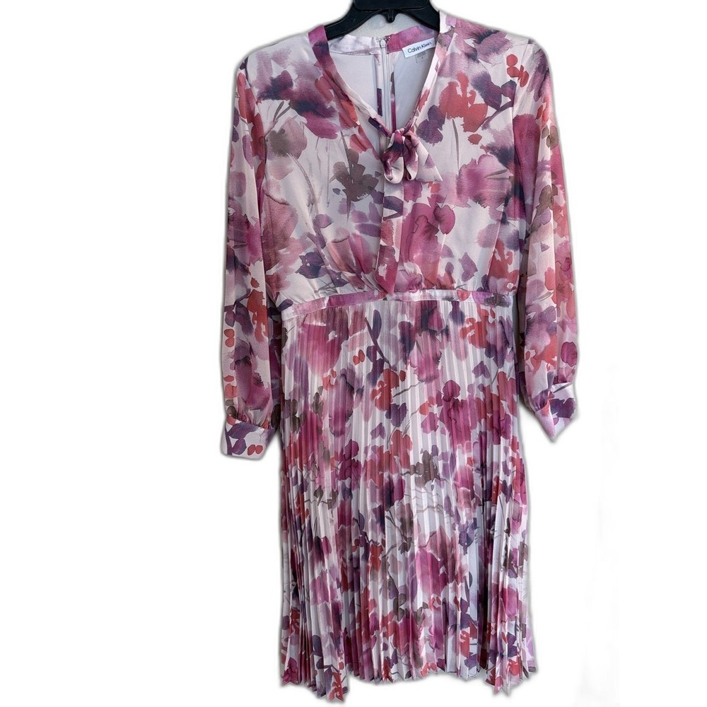 Calvin Klein Floral Pleated Chiffon Midi Dress - Size 12 - Tie Neck